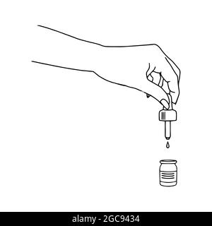 A hand with an eyedropper and a falling drop. Doodle. Vector illustration. Suitable for use on the Internet, print or advertising. Stock Vector