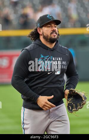 August 6 2021: Florida catcher Jorge Alfaro (38) hits a double during the  game with Colorado Rockies and Miami Marlins held at Coors Field in Denver  Co. David Seelig/Cal Sport Medi(Credit Image