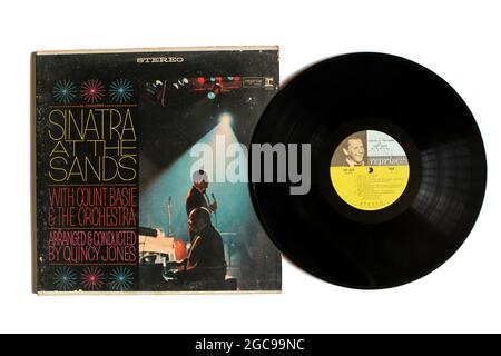 Jazz and easy listening musician, Frank Sinatra live music album on vinyl record LP disc. Titled: Sinatra at the Sands in Las Vegas album cover
