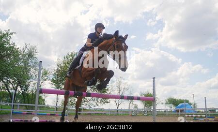 the jockey jumps over the obstacle on the horse. High-quality photo Stock Photo