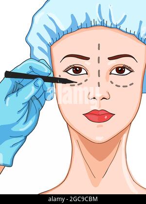 women face ,drawing pencil for lifting injection Stock Photo