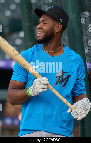 August 6 2021: Florida right fielder Bryan De La Cruz (77) during batting  practice before the game with Colorado Rockies and Miami Marlins held at  Coors Field in Denver Co. David Seelig/Cal