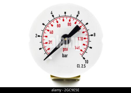 A macro photo of a pressure gauge scale to 10 BAR showing a pressure of ...