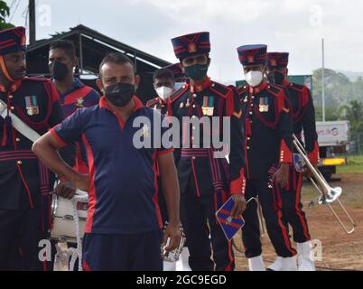 Sri Lanka Army personal preparing for an opening ceremony of a sports event. Army Ordinance cricket grounds. Dombagoda. Sri Lanka.