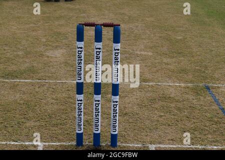 Stumps ready for play at a cricket match. Sri Lanka.