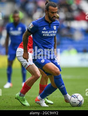 Cardiff, UK. 07th Aug, 2021. Marlon Pack #21 of Cardiff City under pressure  from Callum Styles #4 of Barnsley in Cardiff, United Kingdom on 8/7/2021.  (Photo by Mike Jones/News Images/Sipa USA) Credit