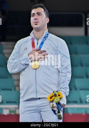 Tokyo, Japan. 07th Aug, 2021. Gold medalist Iran's Sajad Ganjzadeh attends the Tokyo Olympics Men's kumite  75kg Karate Medal Ceremony at Nippon Budokan, Tokyo, Japan on Saturday, August 7, 2021. Photo by Keizo Mori/UPI Credit: UPI/Alamy Live News Stock Photo