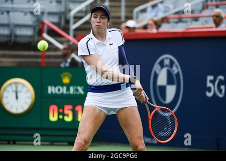 August 07, 2021: Christina McHale (USA) returns the ball during the WTA National Bank Open qualifying round match at IGA Stadium in Montreal, Quebec. David Kirouac/CSM Stock Photo