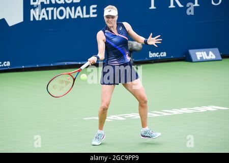 August 07, 2021: Harriet Dart (GBR) returns the ball during the WTA National Bank Open qualifying round match at IGA Stadium in Montreal, Quebec. David Kirouac/CSM Stock Photo