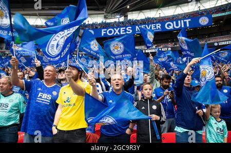 London, England, 7th August 2021. Leicester City fans during The FA Community Shield match at Wembley Stadium, London. Picture credit should read: Paul Terry / Sportimage Stock Photo