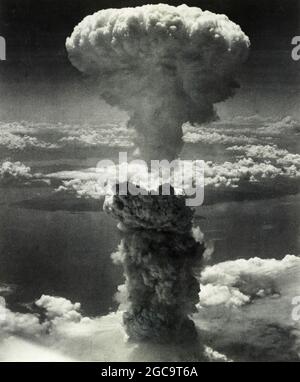 Nuclear explosion and mushroom cloud after the atomic bomb on Nagasaki on the 9th August 1945 Stock Photo