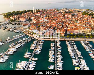 Izola Fishing Town in Slovenia. Drone View at Sunset. Stock Photo