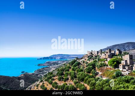 Old tower houses in village Vathia on Mani, Peloponnese Greece Stock Photo