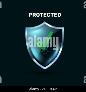 Transparent blue glass shield with force field realistic 3d icon on black background. Stock Vector