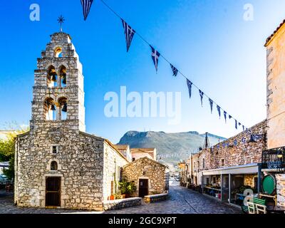 The town of Areopoli with traditional architectural buildings and stoned houses in Laconia, Peloponnese Greece Stock Photo