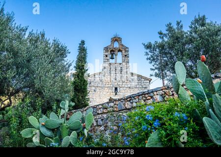 The town of Areopoli with traditional architectural buildings and stoned houses in Laconia, Peloponnese Greece Stock Photo