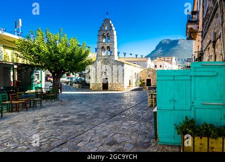 The town of Areopoli with traditional architectural buildings and stoned houses in Laconia, Peloponnese Greece Stock Photo