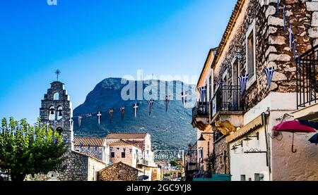 The town of Areopoli with traditional architectural buildings and stoned houses in Laconia, Peloponnese Greece Stock Photo