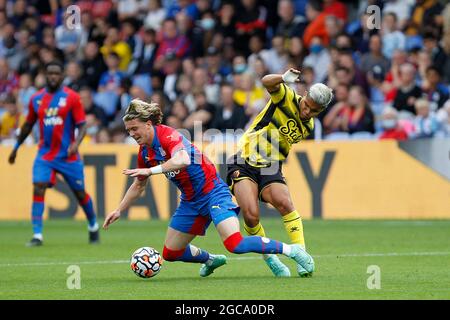 London, UK. 07th Aug, 2021. Cucho Hernandez of Watford and Conor Gallagher of Crystal Palaceduring the Pre-season Friendly match between Crystal Palace and Watford at Selhurst Park, London, England on 7 August 2021. Photo by Carlton Myrie. Editorial use only, license required for commercial use. No use in betting, games or a single club/league/player publications. Credit: UK Sports Pics Ltd/Alamy Live News Stock Photo