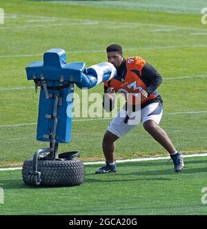 Denver, Colorado, USA. 7th Aug, 2021. Denver Broncos C QUINN MEINERZ looks  on from the field before the start of warm-ups during Training Camp at UC  Health Training Center in Dove Valley