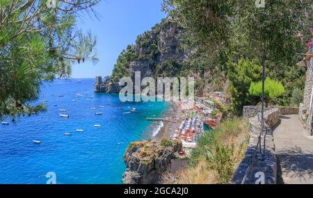 The beach of Fornillo is one of the main beaches of Positano on the Amalfi Coast, in Campania. It's small, composed of sand mixed with pebbles. Stock Photo