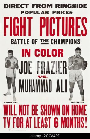 Vintage sport poster – Joe Frazier vs. Muhammad Ali title fight, 1971, Fight Pictures, Battle of the Champions. Stock Photo
