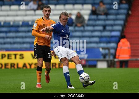 OLDHAM,  UK. AUGUST 7TH Oldham Athletic's Carl Piergianni tussles with Lewis Collins of Newport County during the Sky Bet League 2 match between Oldham Athletic and Newport County at Boundary Park, Oldham on Saturday 7th August 2021. (Credit: Eddie Garvey | MI News) Stock Photo