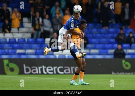 OLDHAM, UK. AUGUST 7TH Oldham Athletic's Jordan Clarke tussles with Timmy Abraham of Newport County during the Sky Bet League 2 match between Oldham Athletic and Newport County at Boundary Park, Oldham on Saturday 7th August 2021. (Credit: Eddie Garvey | MI News) Credit: MI News & Sport /Alamy Live News Stock Photo
