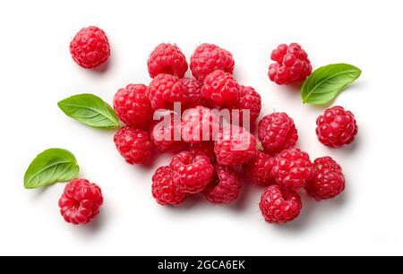 fresh raspberries and green leaves isolated on white background, top view Stock Photo