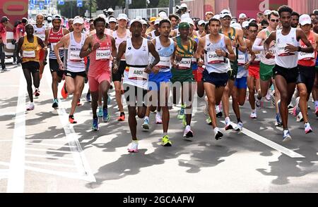 Sapporo, Japan. 8th Aug, 2021. Athletes compete during the men's marathon final at the Tokyo 2020 Olympic Games in Sapporo, Japan, Aug. 8, 2021. Credit: Guo Chen/Xinhua/Alamy Live News Stock Photo