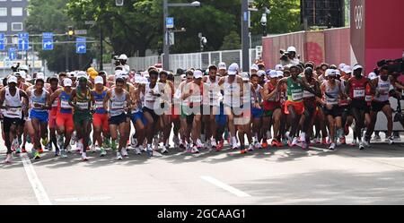 Sapporo, Japan. 8th Aug, 2021. Athletes compete during the men's marathon final at the Tokyo 2020 Olympic Games in Sapporo, Japan, Aug. 8, 2021. Credit: Guo Chen/Xinhua/Alamy Live News Stock Photo