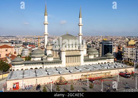 Taksim, Istanbul - Turkey - June 26 2021: The new Taksim Mosque in Taksim Square aerial view Stock Photo