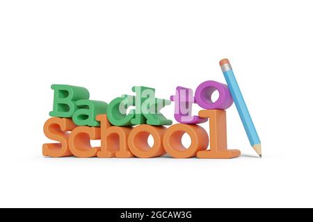 Three-dimensional text 'back to school' with a pencil isolated on white background. 3d illustration. Stock Photo