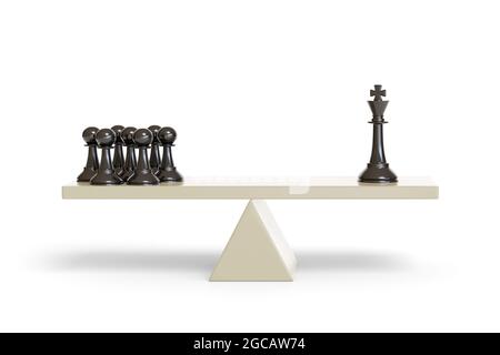 Several chess pawns balancing with a king. Stock Photo