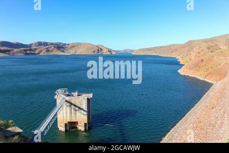 Ord River Dam was completed in 1972 and created lake Argyle. The dam is part of the Ord River Irrigation Scheme in the Kimberley Region in North West Stock Photo