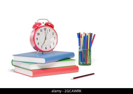 Alarm clock, pencils and books isolated on white background. Back to school concept. 3d illustration. Stock Photo