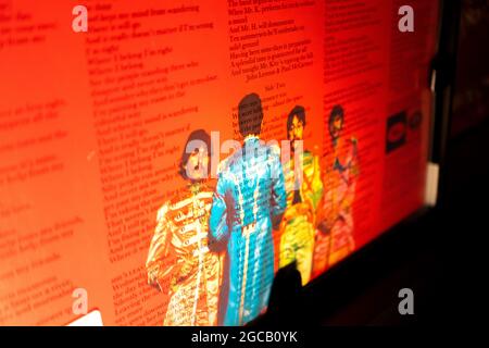 Closeup of Band Members Detail on Back Cover of The Beatles Sgt. Pepper's Lonely Hearts Club Band Vinyl Record Stock Photo
