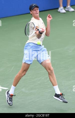 Jannik Sinner hits a forehand during a Men's Singles match at the 2021