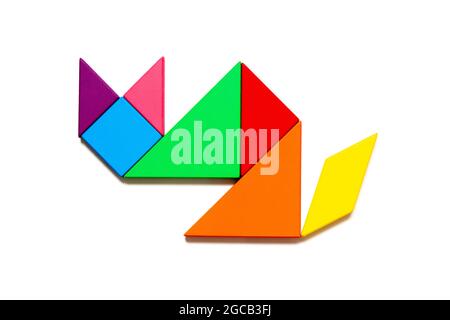 Color tangram puzzle in cat shape on white background Stock Photo