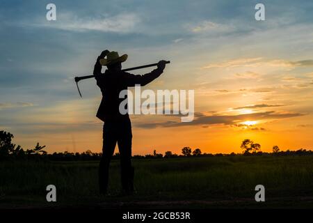 Male farmer holding a hoe in a field at sunset Stock Photo