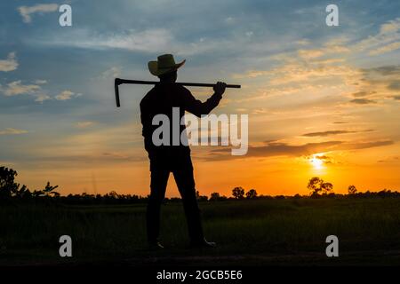 Male farmer holding a hoe in a field at sunset Stock Photo