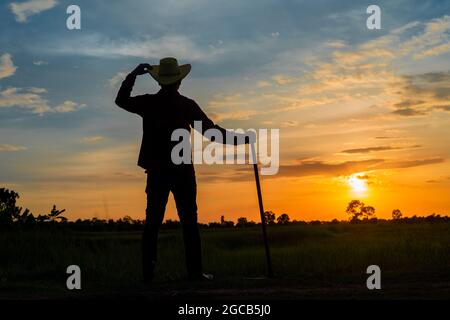 Male farmer holding a hoe in a field at sunset Stock Photo