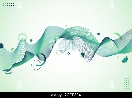 Abstract dynamic wave wavy green lines with geometric elements on white background. Vector illustration Stock Vector