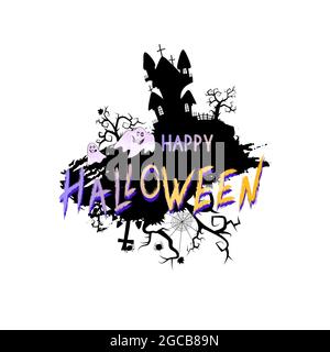 Vector Illustration with sinister castle, ghosts and lettering Happy Halloween on a white background. Stock Vector