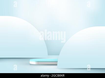 3D realistic white pedestal podium with blue pastel rounded backdrop and lighting for product display presentation. Vector illustration Stock Vector