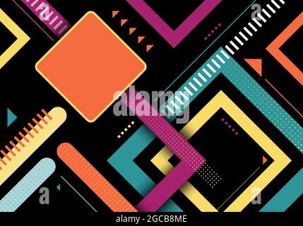 Abstract colorful geometric square shapes stripes pattern design on black background. Vector illustration Stock Vector