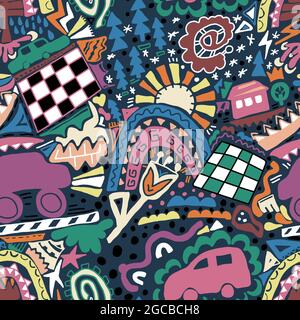 Abstract seamless pattern with cars, chess board, sun, hous, rainbow, trees. Doodle endless texture for modern trendy design. Vector illustration Stock Vector