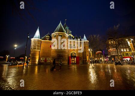 Night view of De Waag at Nieuwmarkt in Amsterdam, North Holland, Netherlands Stock Photo