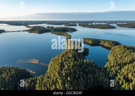 Beautiful aerial panorama of the Saimaa lake areas and boreal forests in Finland Stock Photo