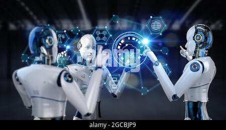 Cloud computing technology concept with 3d rendering group of robots and graphic display Stock Photo
